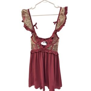 For Love & Lemons Embroidered Floral Camila Slip Dress Burgundy XS